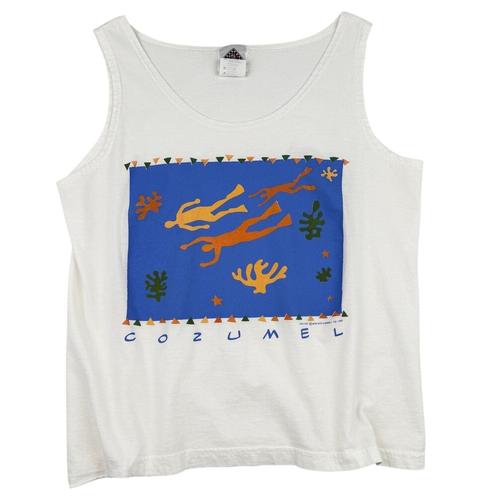 Bye-Bye Cozumel Graphic Tank Top White Cotton Vintage 90s Summer Souvenir Medium